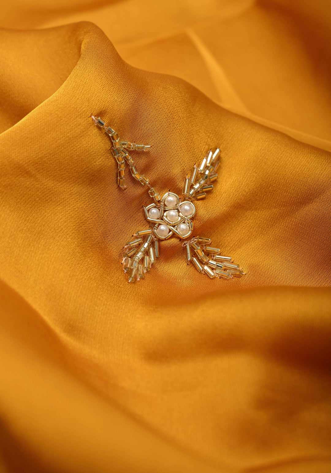 Mustard Yellow  Satin Georgette saree with moti, cutdana and Zardozi embellishments