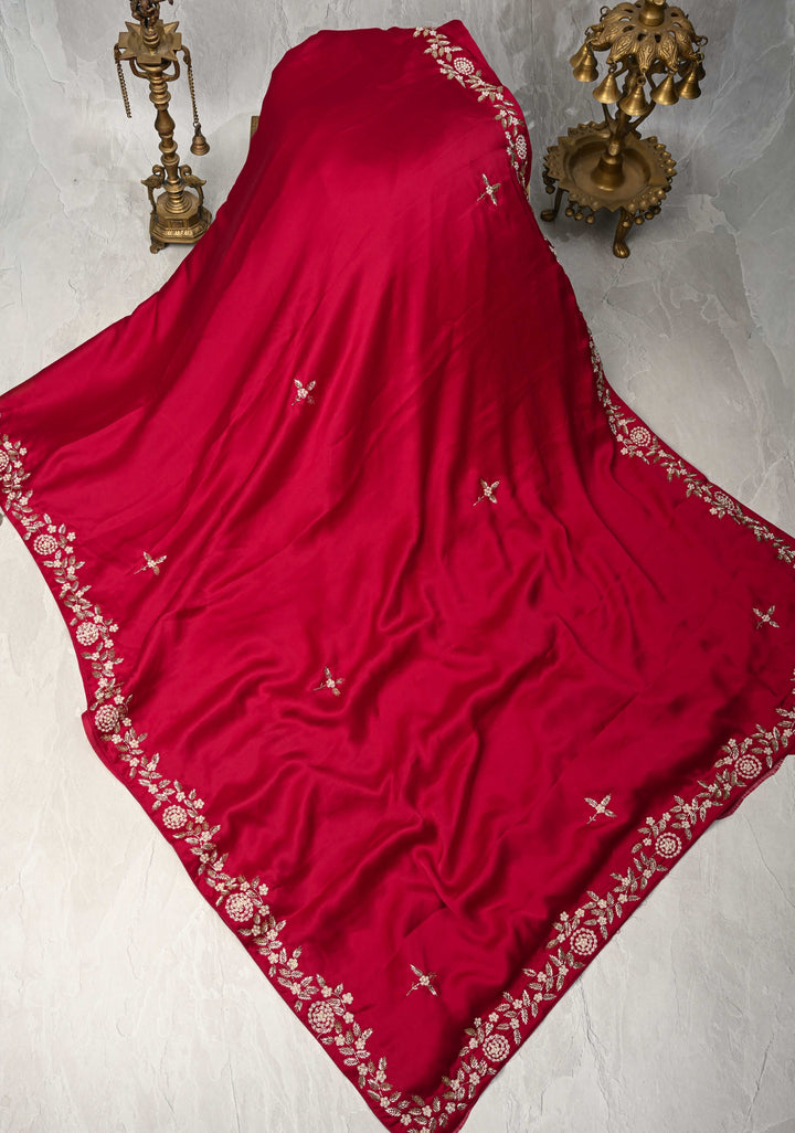 Maroon  Satin Georgette Saree with cutdana, moti work on border