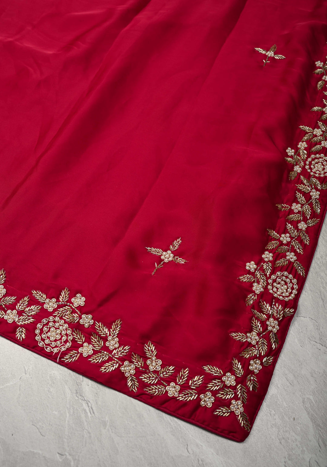 Maroon  Satin Georgette Saree with cutdana, moti work on border