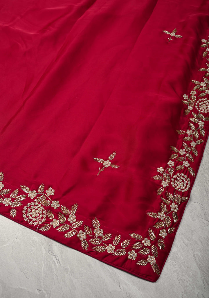 Maroon  Satin Georgette Saree with cutdana, moti work on border