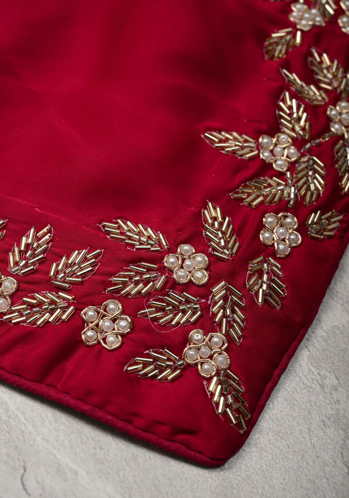 Maroon  Satin Georgette Saree with cutdana, moti work on border