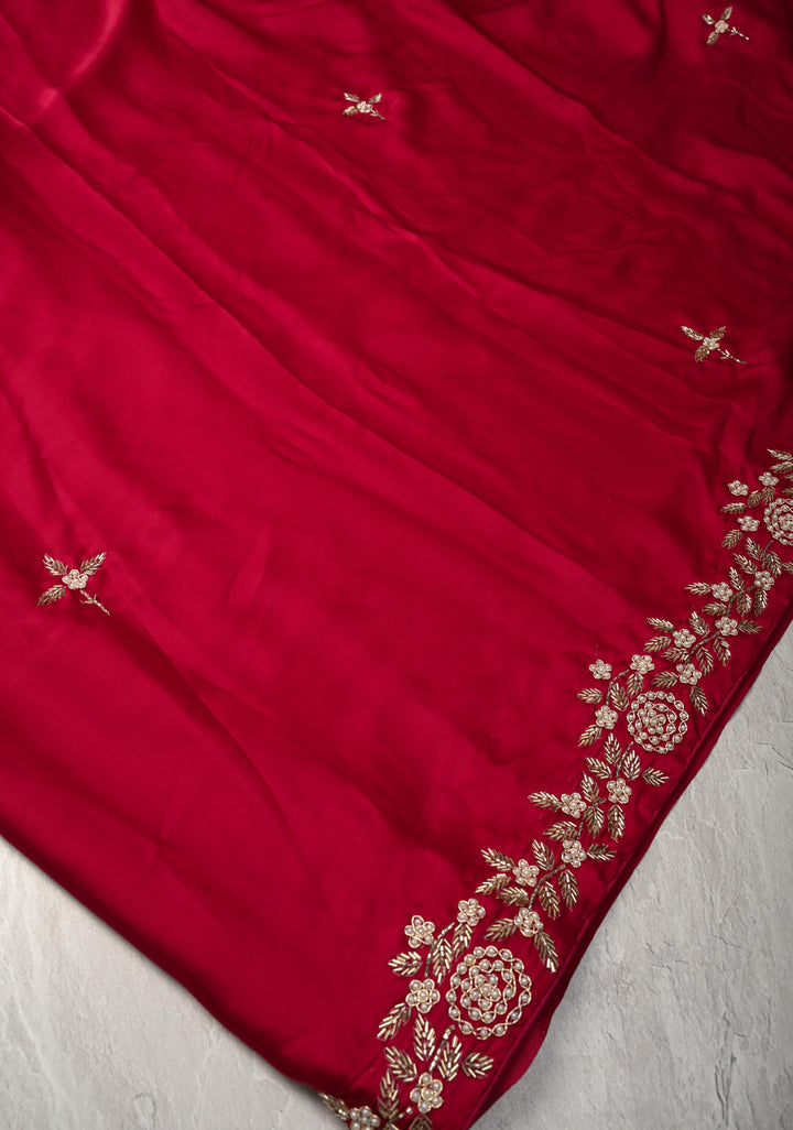 Maroon  Satin Georgette Saree with cutdana, moti work on border