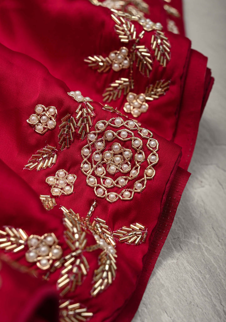 Maroon  Satin Georgette Saree with cutdana, moti work on border