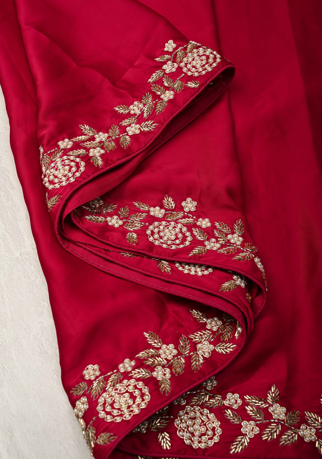 Maroon  Satin Georgette Saree with cutdana, moti work on border
