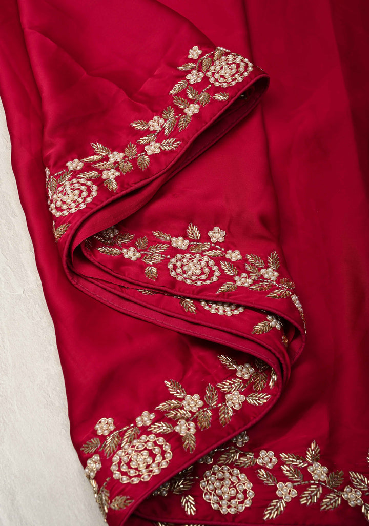 Maroon  Satin Georgette Saree with cutdana, moti work on border