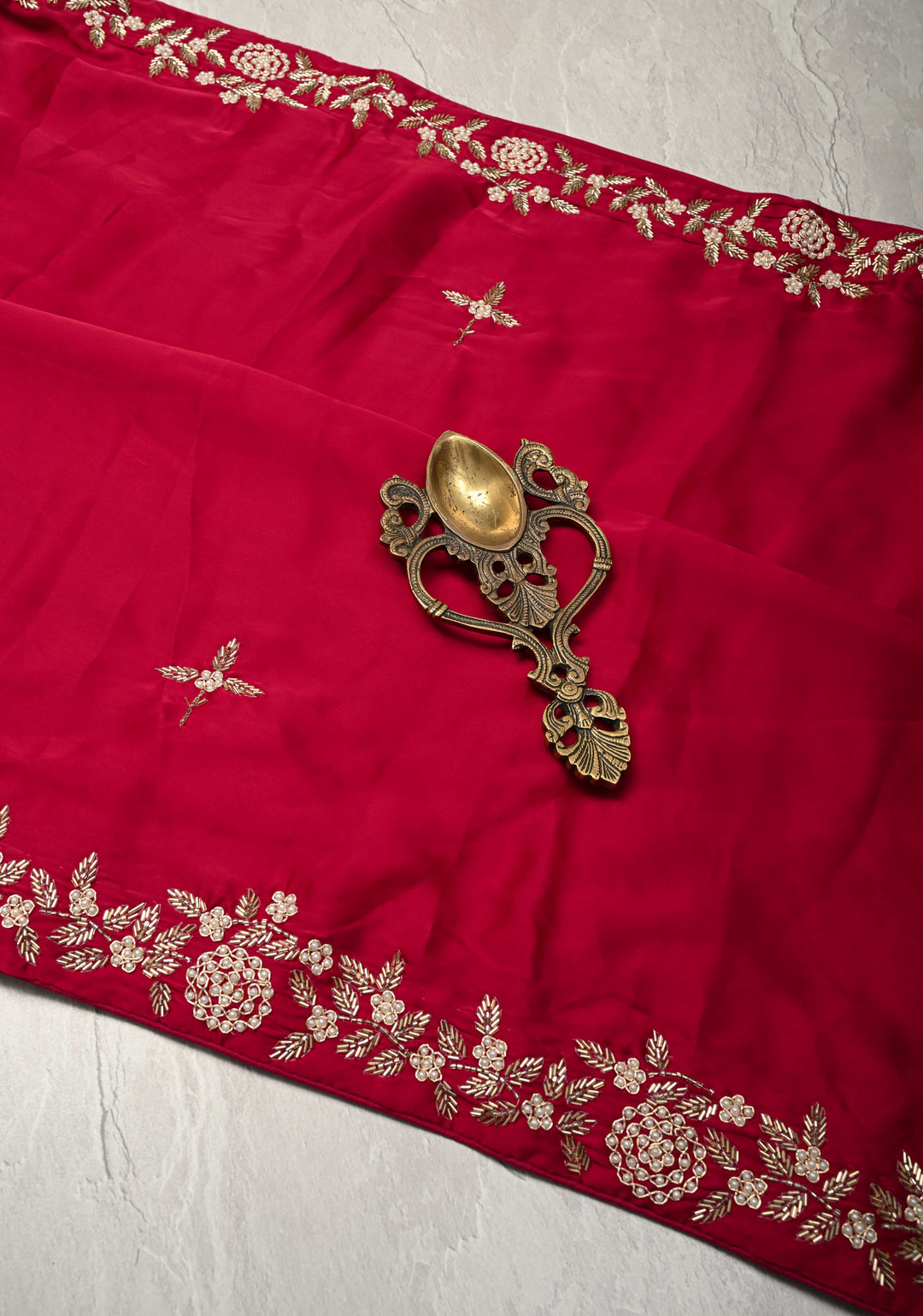 Maroon  Satin Georgette Saree with cutdana, moti work on border