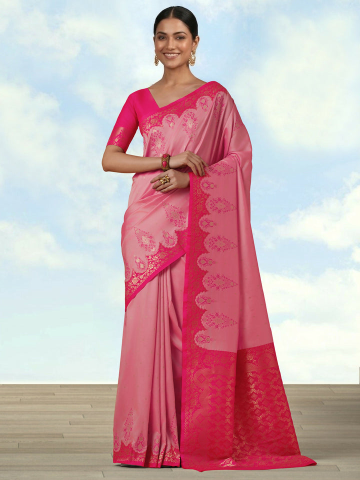 Light Pink Semi Banarasi Silk Blend Saree with Zari Woven Work | SHOBITAM