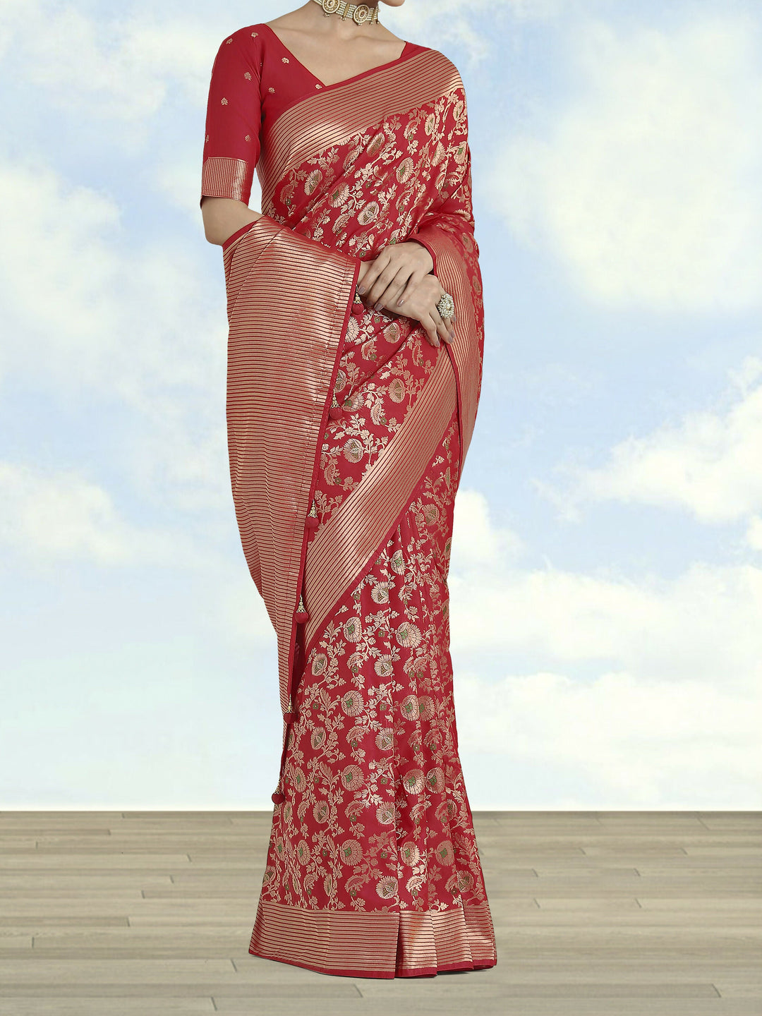 Banarasi Silk Red Zaal Pattern Saree | SHOBITAM
