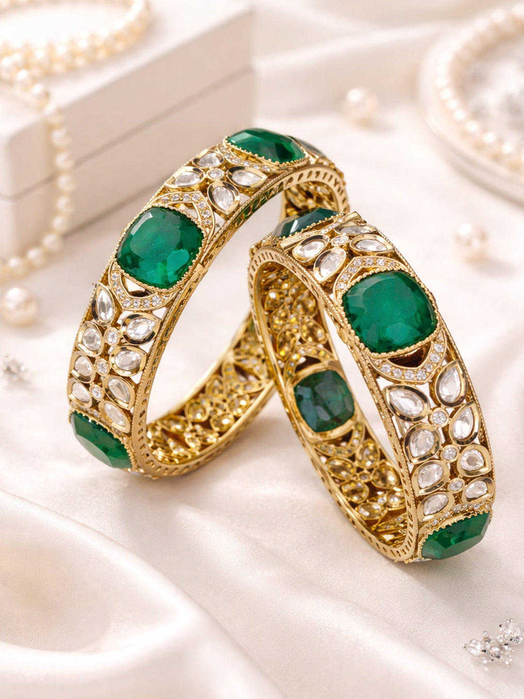 Mint Green Kundan Triple Jhumka Earrings | SHOBITAM