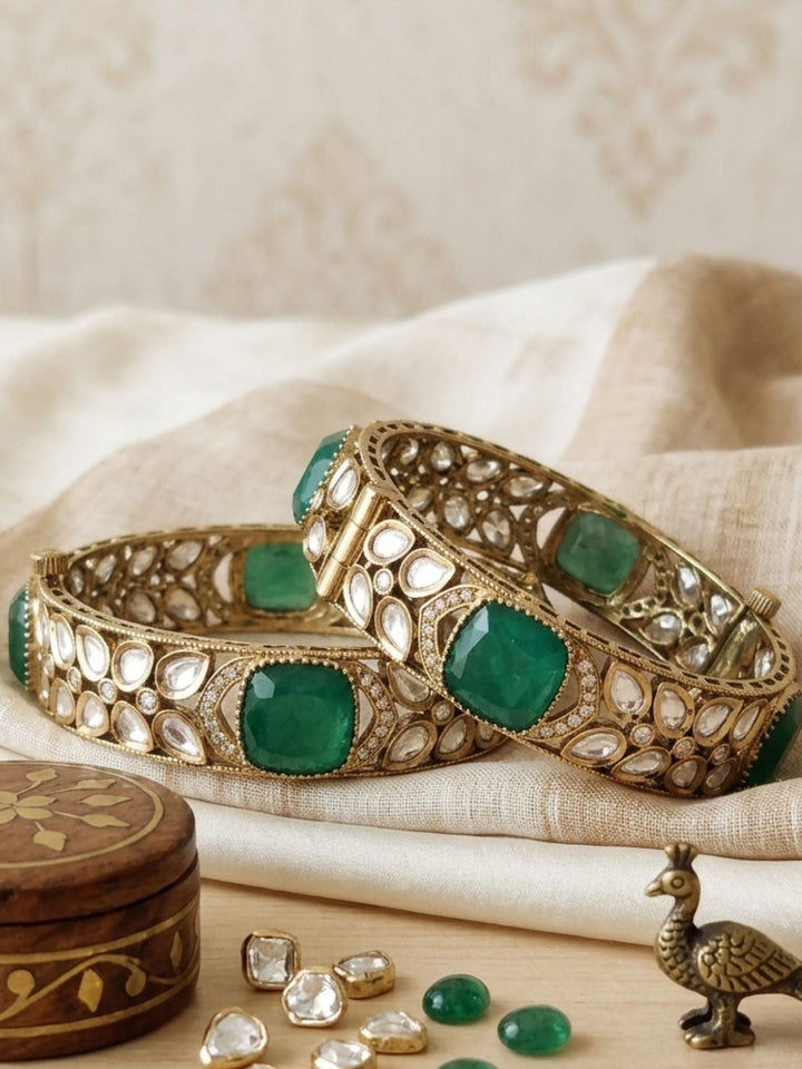 Victorian Plated Bangle Set with Emerald Green Stones | SHOBITAM