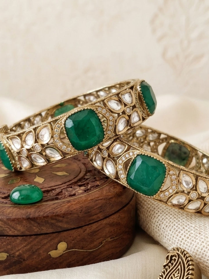 Victorian Plated Bangle Set with Emerald Green Stones | SHOBITAM