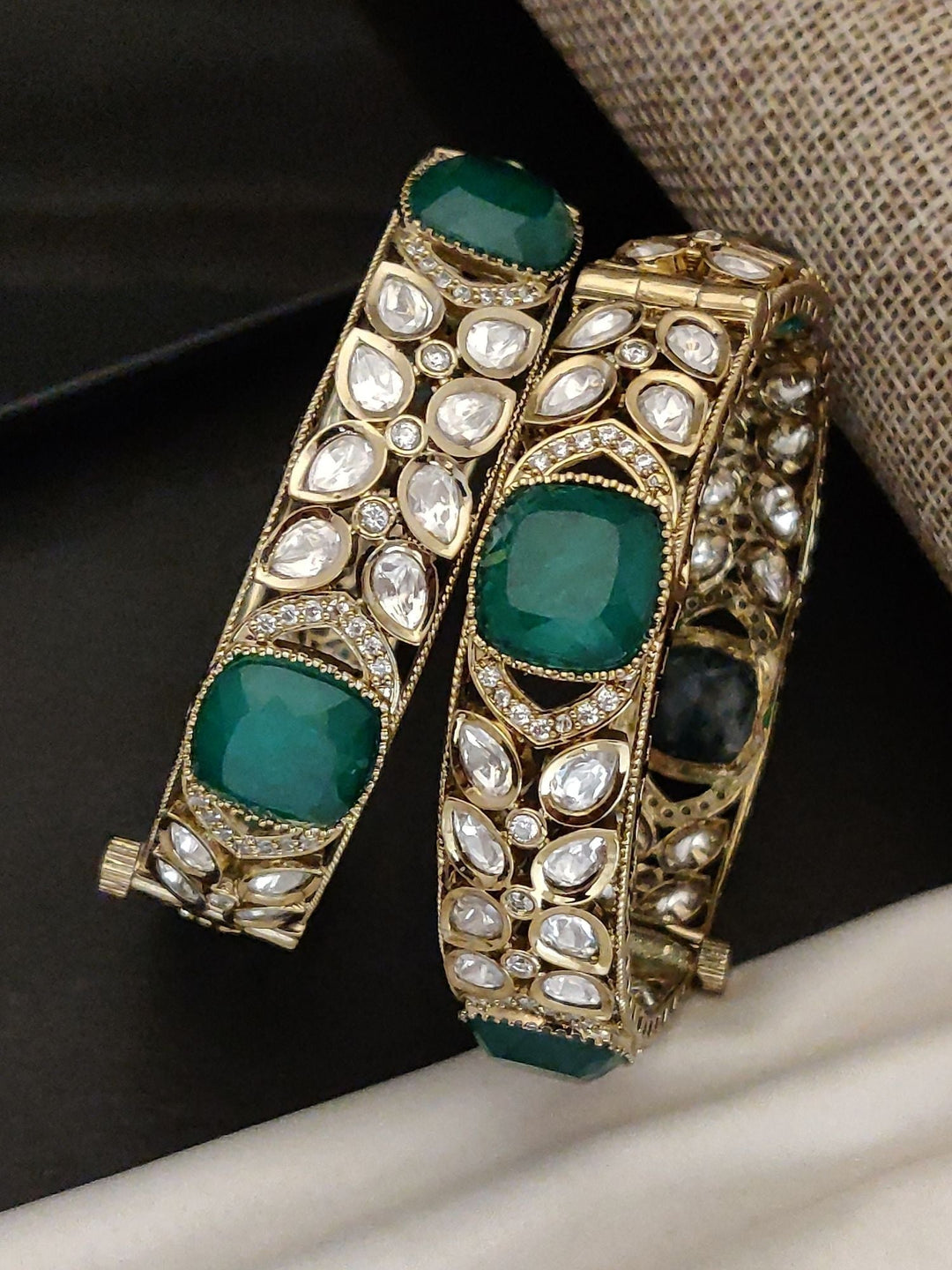 Victorian Plated Bangle Set with Emerald Green Stones | SHOBITAM