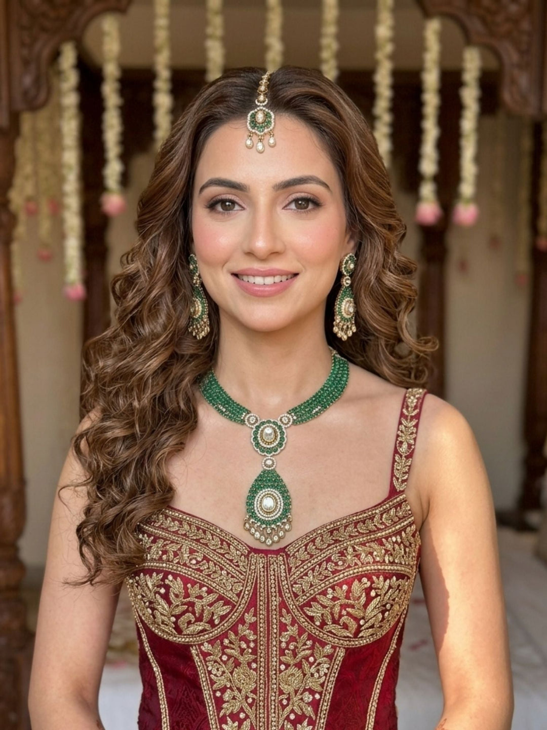 Emerald Green Polki Victorian Style Necklace Set | SHOBITAM