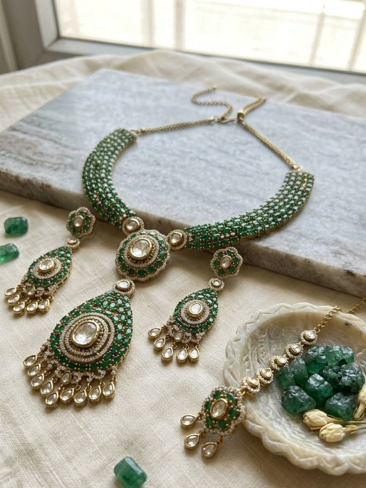 Emerald Green Polki Victorian Style Necklace Set | SHOBITAM