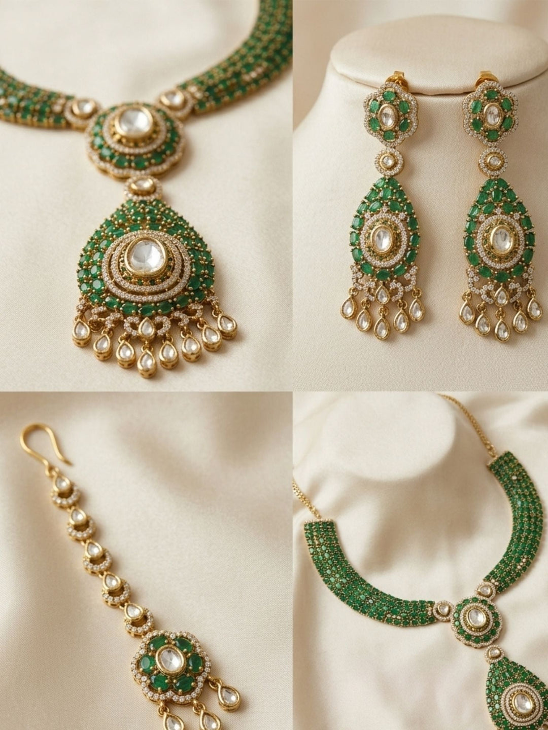 Emerald Green Polki Victorian Style Necklace Set | SHOBITAM