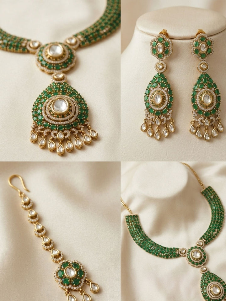 Emerald Green Polki Victorian Style Necklace Set | SHOBITAM