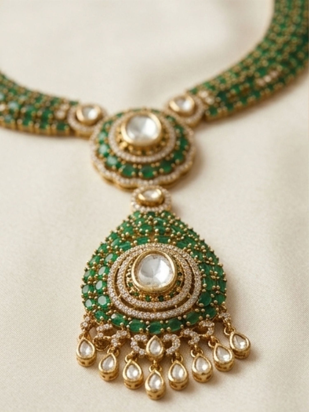 Emerald Green Polki Victorian Style Necklace Set | SHOBITAM