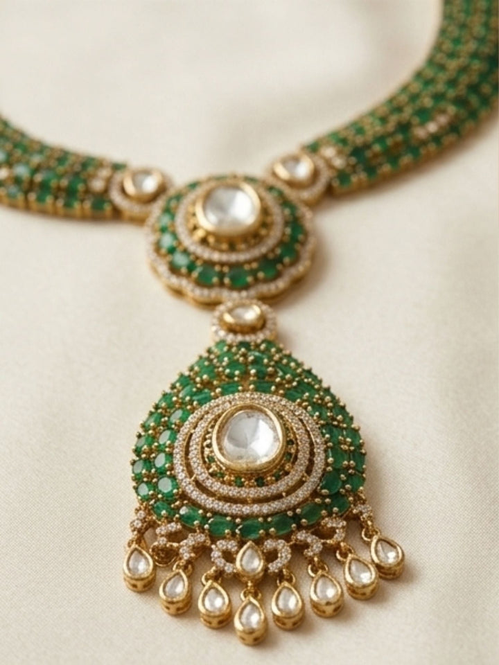 Emerald Green Polki Victorian Style Necklace Set | SHOBITAM