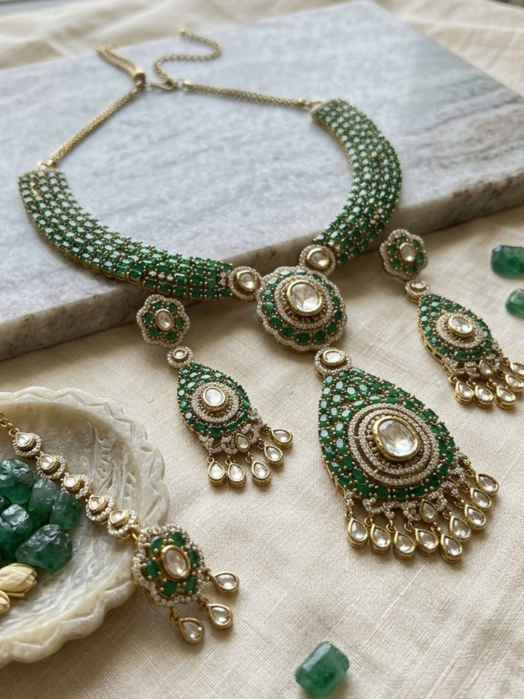 Emerald Green Polki Victorian Style Necklace Set | SHOBITAM