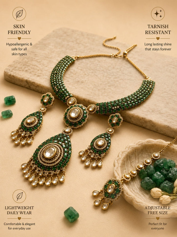 Emerald Green Polki Victorian Style Necklace Set | SHOBITAM