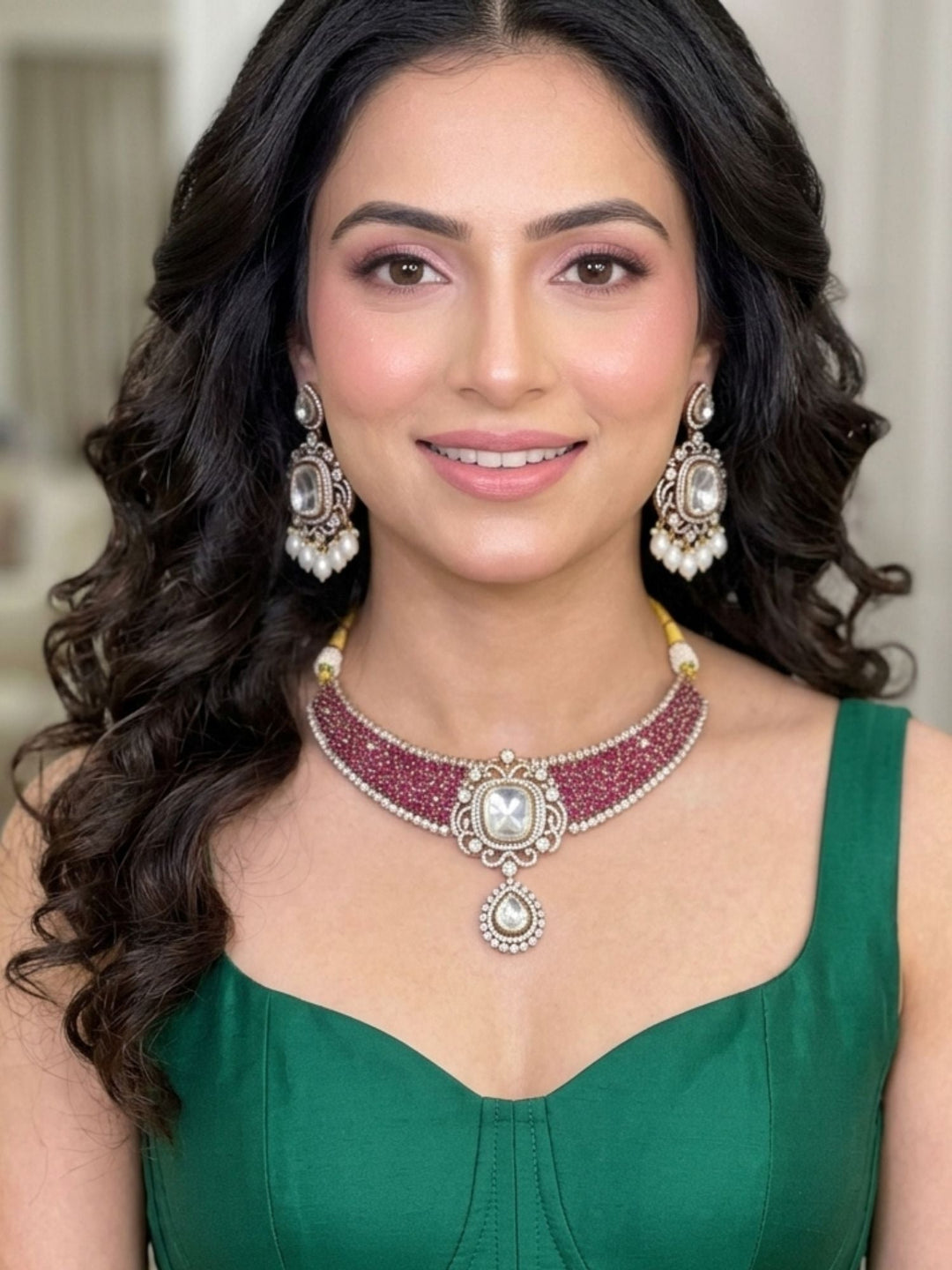 Victorian Style Polki Design Ruby Emerald Necklace Set | Shobitam