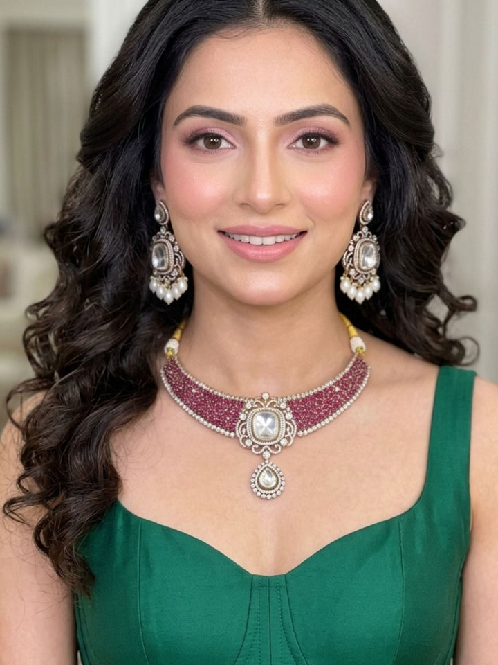 Victorian Style Polki Design Ruby Emerald Necklace Set | Shobitam