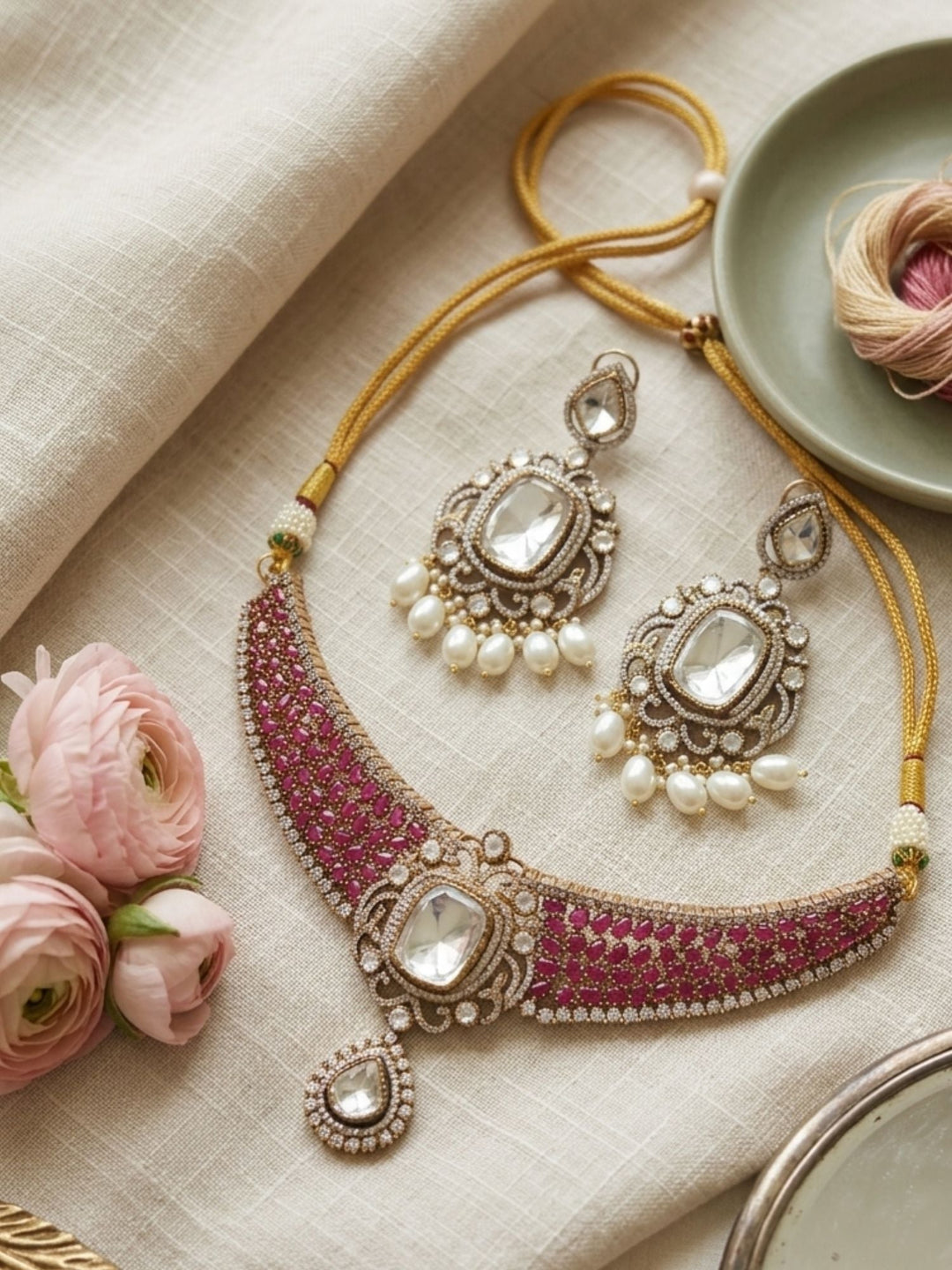 Victorian Style Polki Design Ruby Emerald Necklace Set | Shobitam