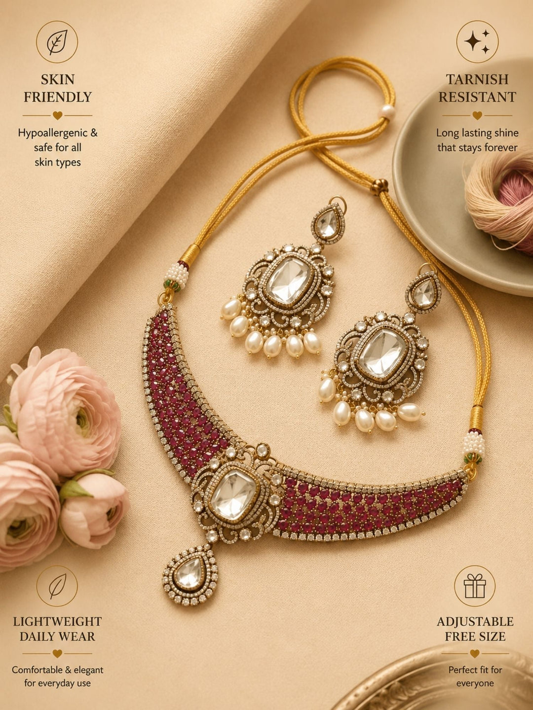 Victorian Style Polki Design Ruby Emerald Necklace Set | Shobitam