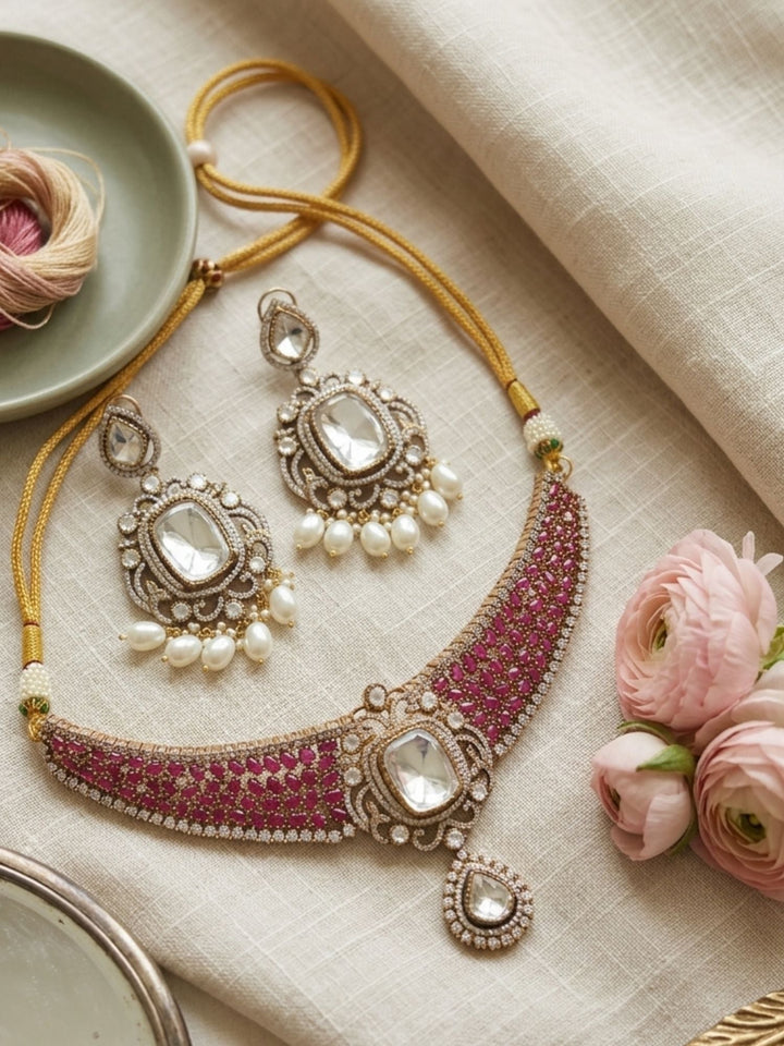 Victorian Style Polki Design Ruby Emerald Necklace Set | Shobitam
