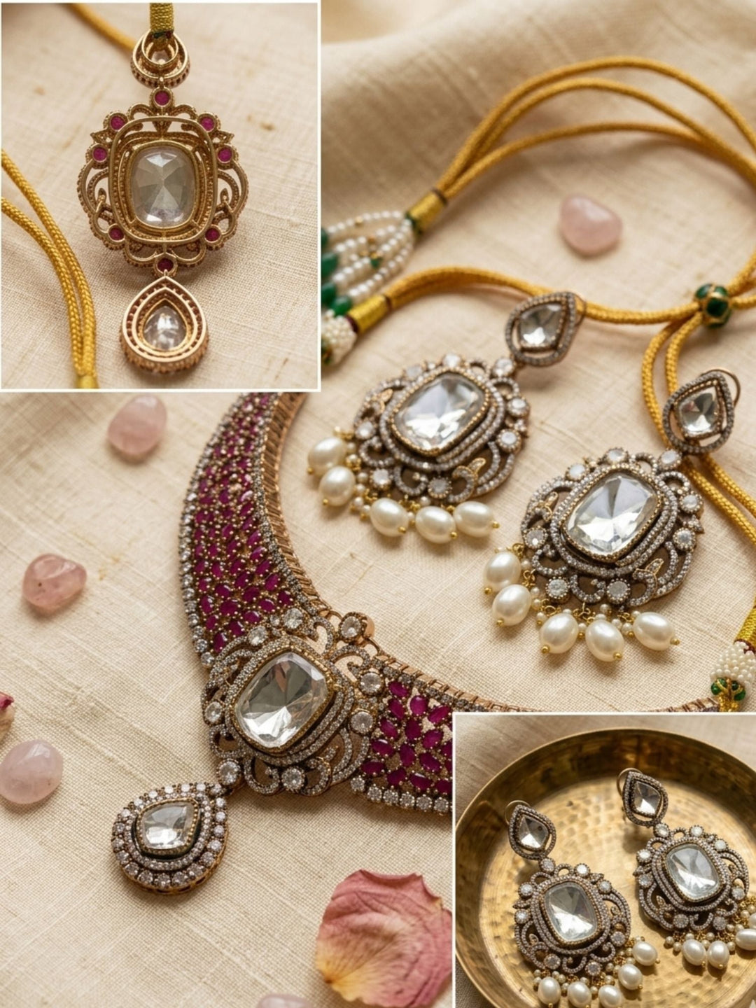 Victorian Style Polki Design Ruby Emerald Necklace Set | Shobitam