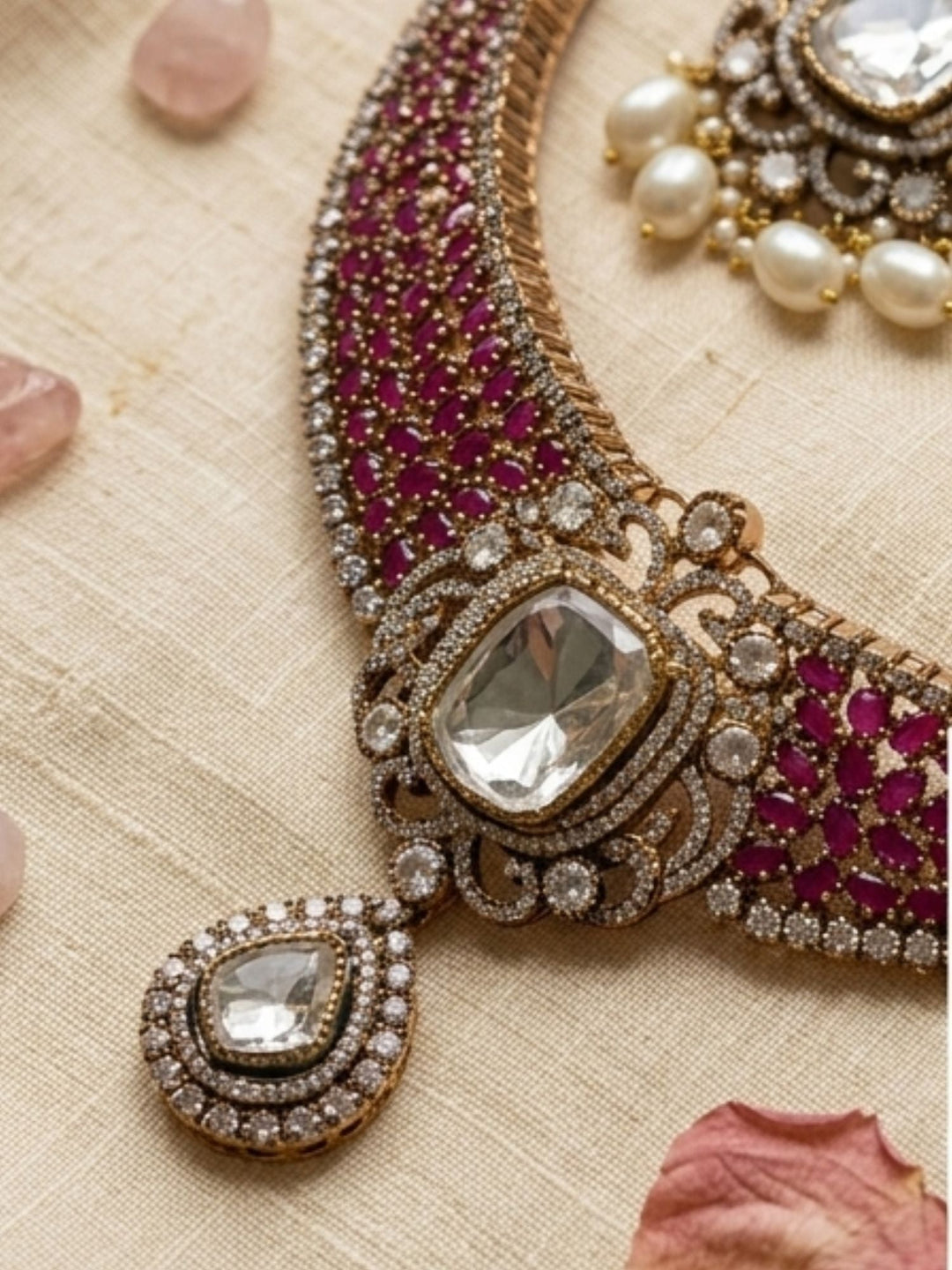 Victorian Style Polki Design Ruby Emerald Necklace Set | Shobitam
