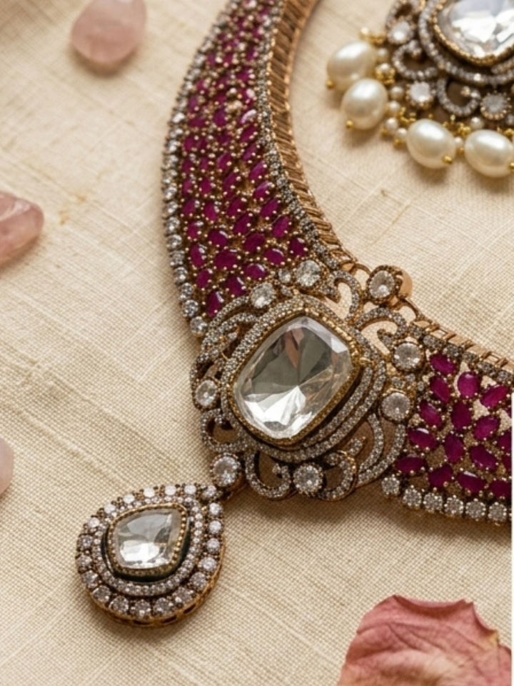 Victorian Style Polki Design Ruby Emerald Necklace Set | Shobitam