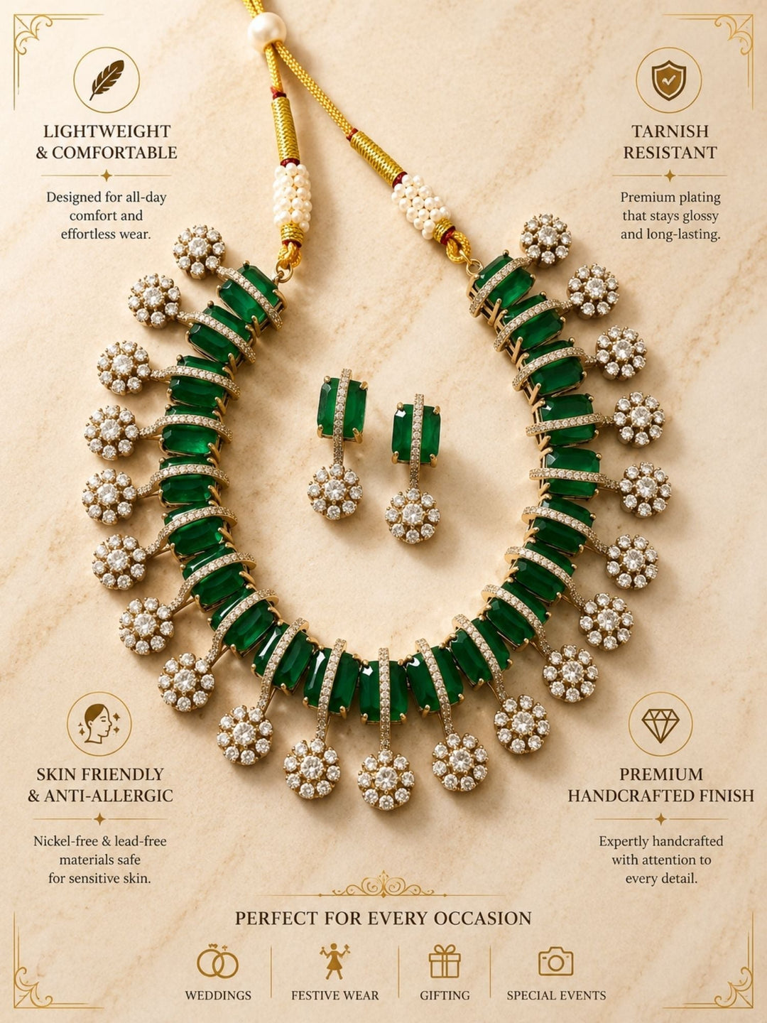 Victorian Emerald Green Necklace Set with Earrings | SHOBITAM