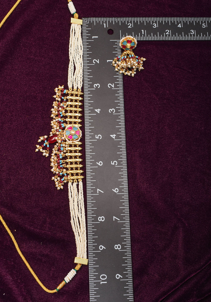 Microplated Gold Tone Flexible Design Necklace Set with  Floral Jadau center and dangling beads | Shobitam Jewelry