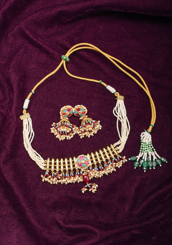 Microplated Gold Tone Flexible Design Necklace Set with  Floral Jadau center and dangling beads | Shobitam Jewelry