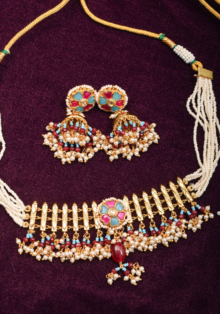 Microplated Gold Tone Flexible Design Necklace Set with  Floral Jadau center and dangling beads | Shobitam Jewelry