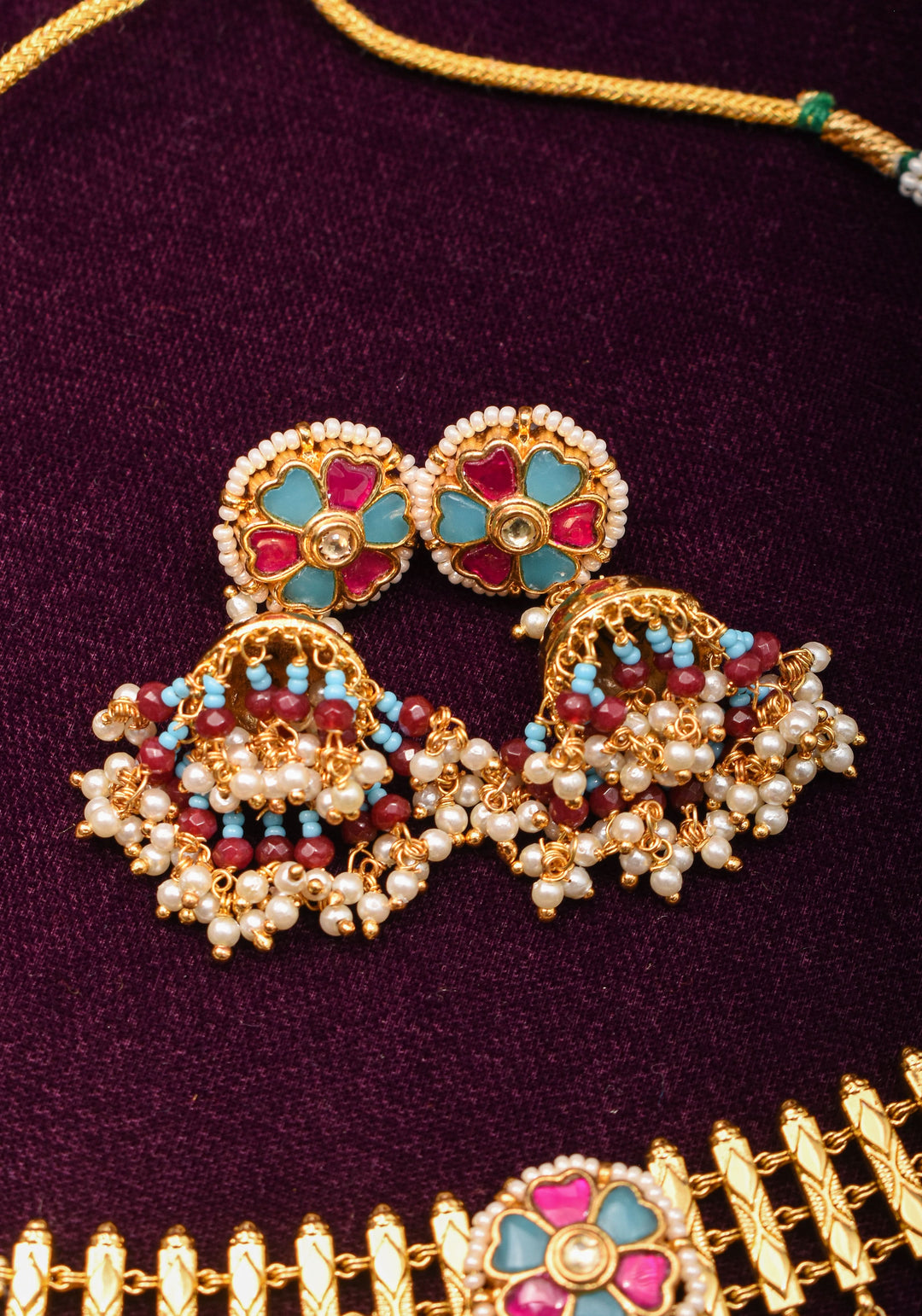 Microplated Gold Tone Flexible Design Necklace Set with  Floral Jadau center and dangling beads | Shobitam Jewelry