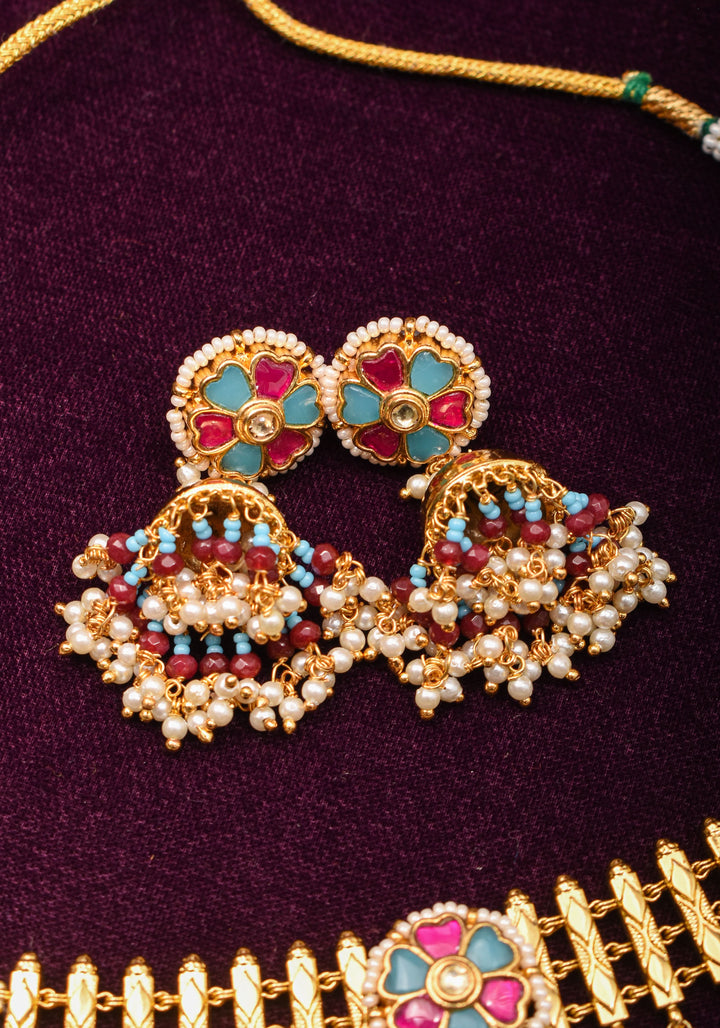Microplated Gold Tone Flexible Design Necklace Set with  Floral Jadau center and dangling beads | Shobitam Jewelry
