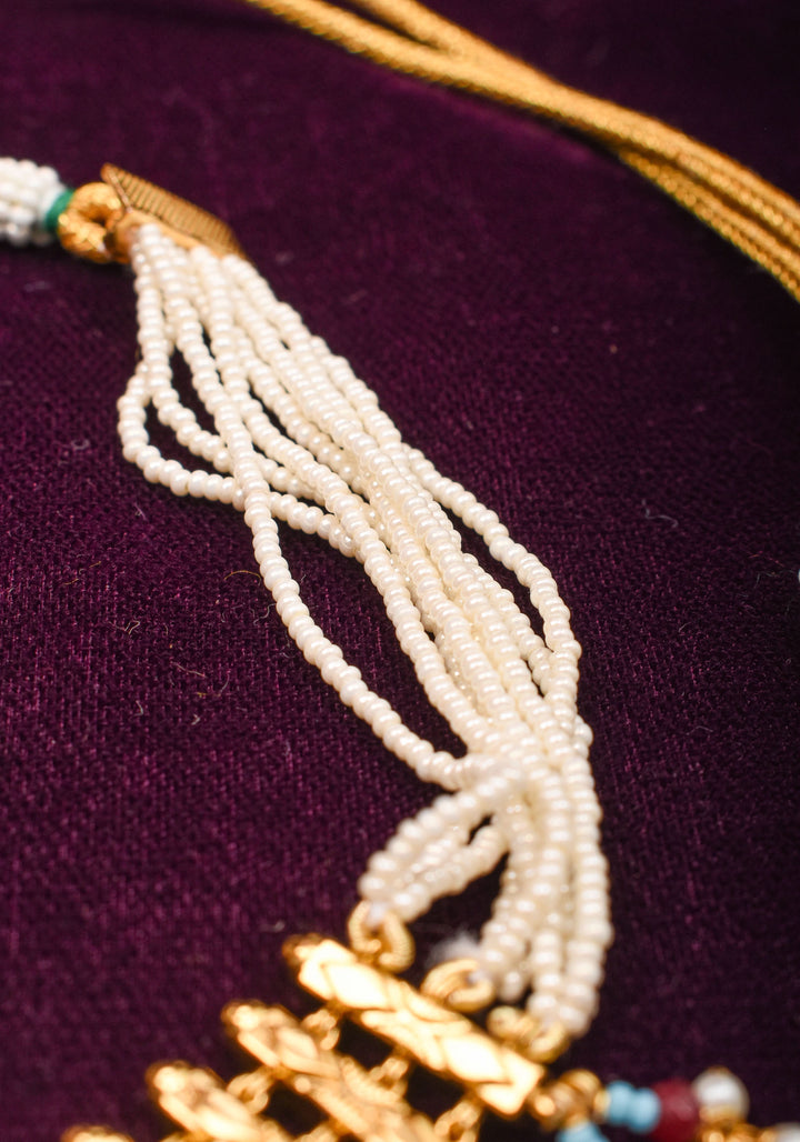 Microplated Gold Tone Flexible Design Necklace Set with  Floral Jadau center and dangling beads | Shobitam Jewelry
