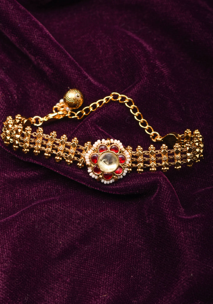 Microplated Gold Tone Flexible Design Bracelet Set with Floral Center