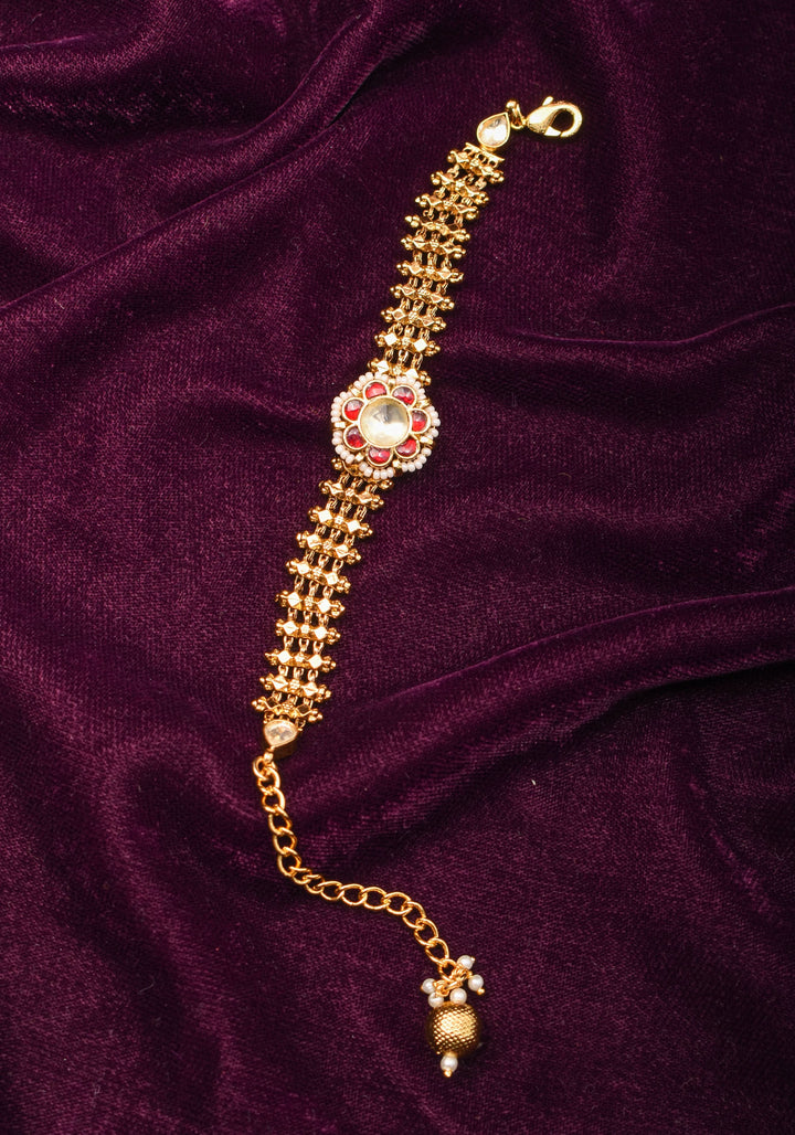 Microplated Gold Tone Flexible Design Bracelet Set with Floral Center