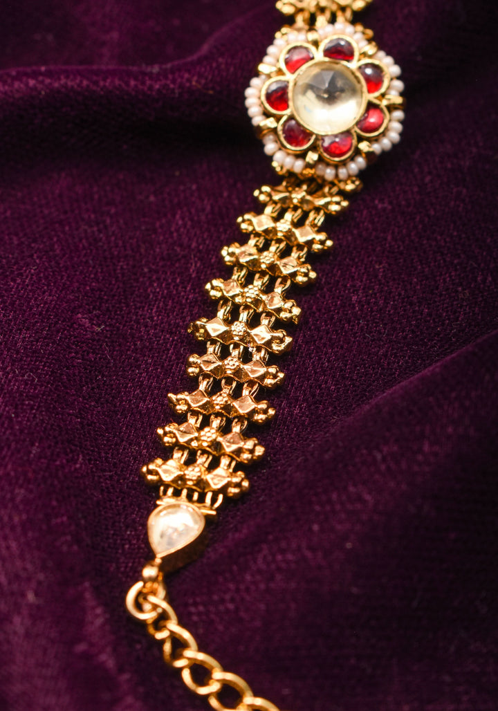 Microplated Gold Tone Flexible Design Bracelet Set with Floral Center