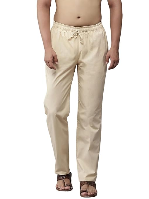 Men Beige Solid Pyjamas, two side pockets | SHOBITAM