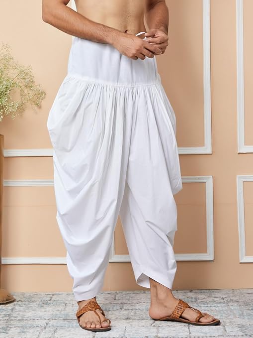 White Mid-Rise Loose Fit Pure Cotton Elasticated Solid Pleated Dhoti (Salwar) | SHOBITAM
