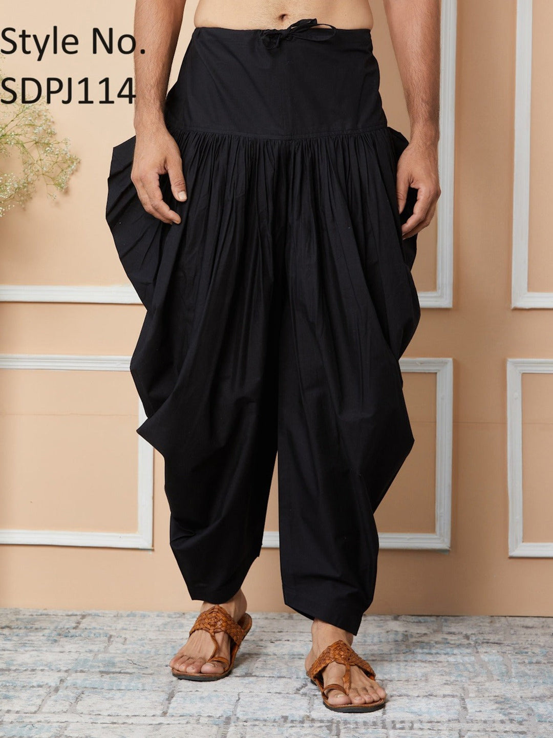 Black Mid-Rise Loose Fit Pure Cotton Elasticated Solid Pleated Dhoti (Salwar) | SHOBITAM