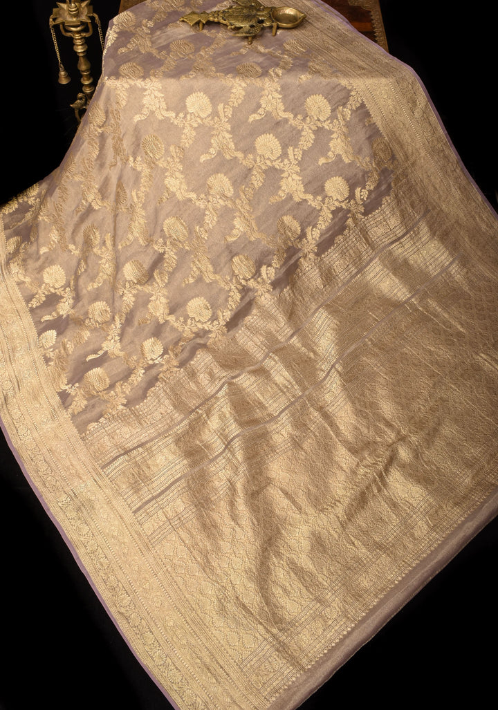 Tissue Mysore Silk Saree with Floral Jaal and Zari Border | SILK MARK CERTIFIED | SHOBITAM