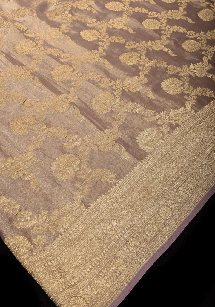 Tissue Mysore Silk Saree with Floral Jaal and Zari Border | SILK MARK CERTIFIED | SHOBITAM