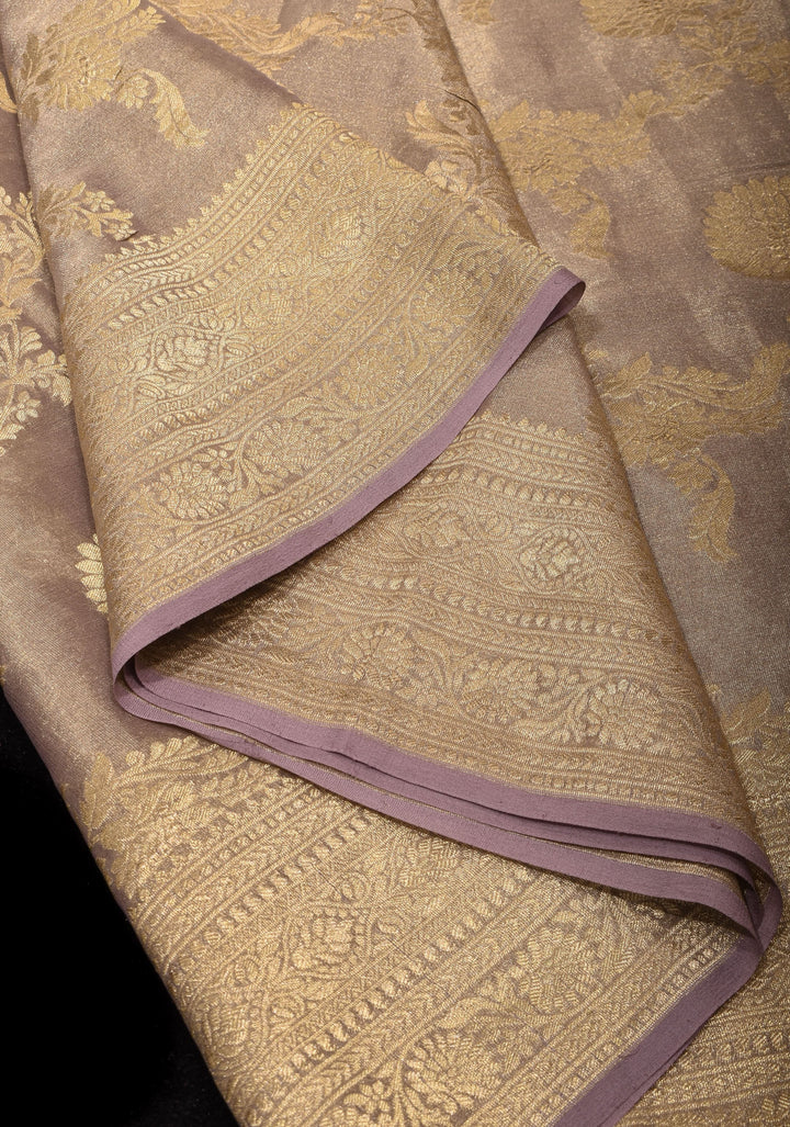 Tissue Mysore Silk Saree with Floral Jaal and Zari Border | SILK MARK CERTIFIED | SHOBITAM