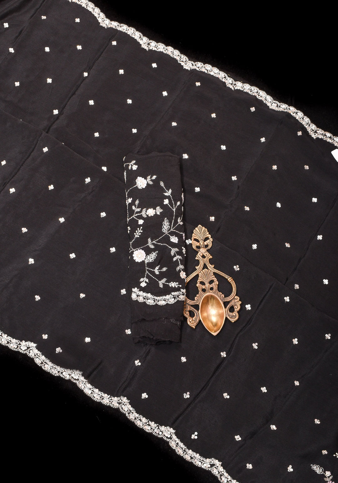 Black Exquisite Pure Crepe Chiffon saree with Sequin and Cutdana scallop embroidery | SILK MARK CERTIFIED