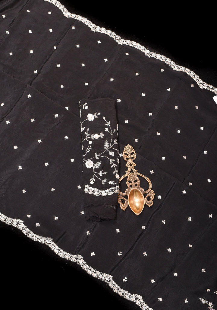 Black Exquisite Pure Crepe Chiffon saree with Sequin and Cutdana scallop embroidery | SILK MARK CERTIFIED